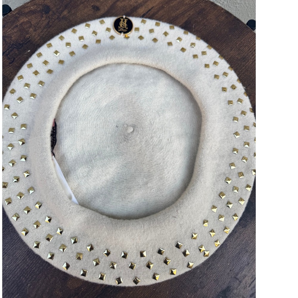 Juicy Couture Womens Studded Beret Hat Cream Gold Embellished Studded Glam